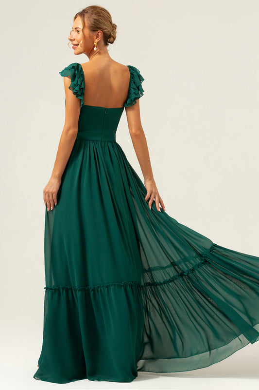 Robe longue de demoiselle d'honneur en mousseline vert foncé, coupe trapèze, col en V et froncée