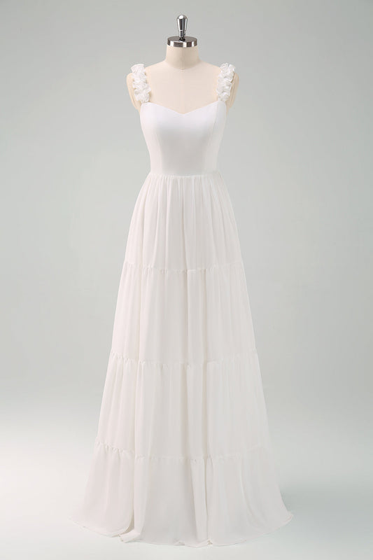 Robe de bal longue plissée blanche à fines bretelles avec nœud