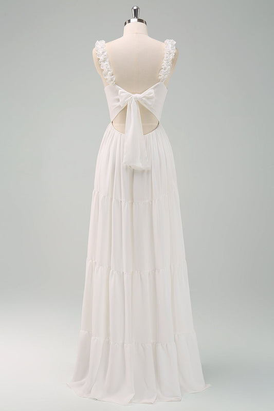 Robe de bal longue plissée blanche à fines bretelles avec nœud