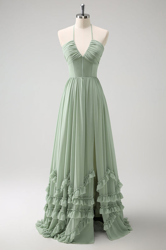 Robe de demoiselle d'honneur fendue, dos nu et volantée, sauge poudrée