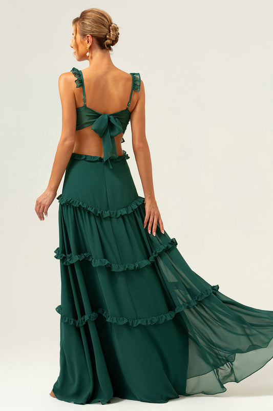 Robe longue de demoiselle d'honneur trapèze en mousseline vert foncé avec volants et découpes