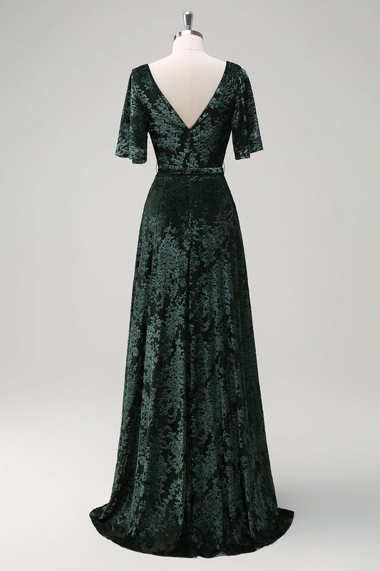 Robe de demoiselle d'honneur longue vert foncé, trapèze, col en V, velours dévoré fleuri