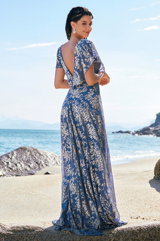 Robe longue de demoiselle d'honneur trapèze gris bleu en velours dévoré imprimé à col en V