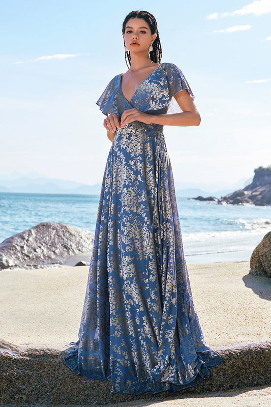 Robe longue de demoiselle d'honneur trapèze gris bleu en velours dévoré imprimé à col en V
