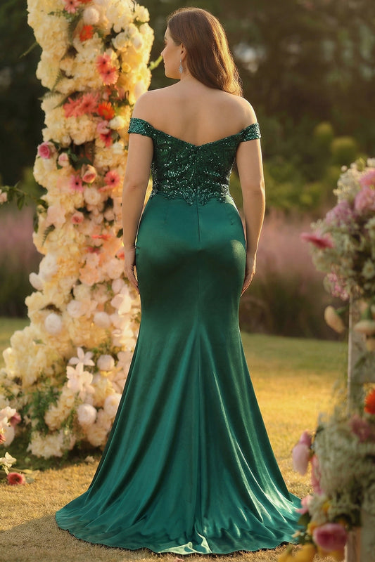 Robe de bal sirène longue vert foncé en satin, épaules dénudées, grande taille, avec fente