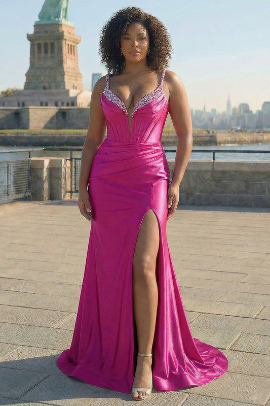 Robe de bal sirène fuchsia avec corset, fines bretelles et fente, grande taille