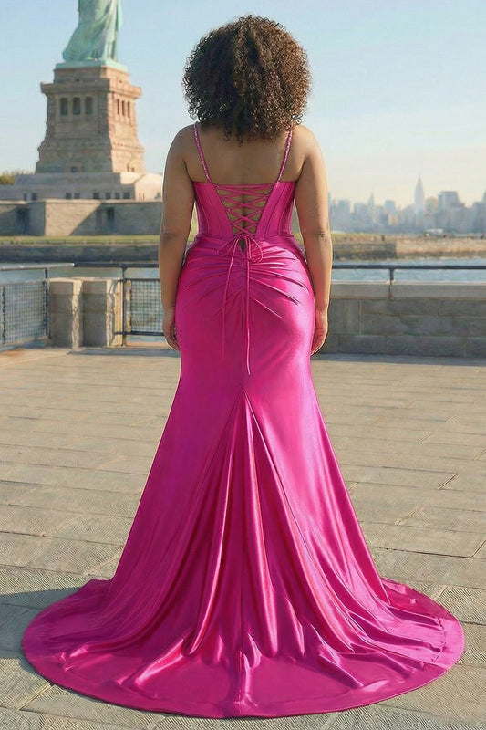 Robe de bal sirène fuchsia avec corset, fines bretelles et fente, grande taille