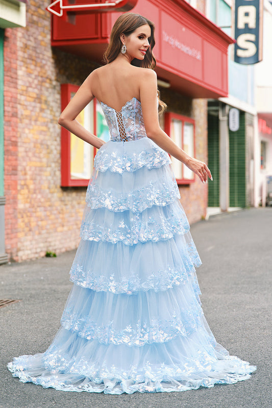 Robe de bal longue en tulle et sequins bleu sans bretelles avec corset, coupe trapèze
