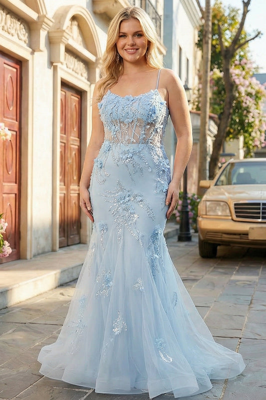 Blue Mermaid Long Graduation Dress with Thin Straps, Tulle, Corset, and 3D Flowers