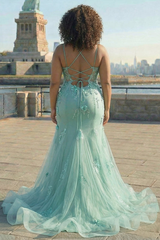 Robe de soirée longue sirène verte à corset 3D, fleurs et lacets au dos, grande taille