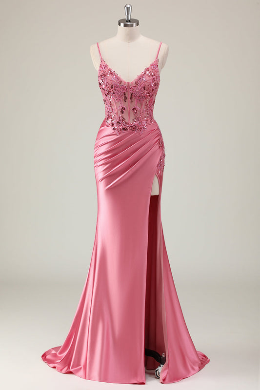 Robe de bal longue en corail scintillant sirène à paillettes, bretelles spaghetti, corset et fente