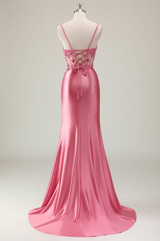 Robe de bal longue en corail scintillant sirène à paillettes, bretelles spaghetti, corset et fente