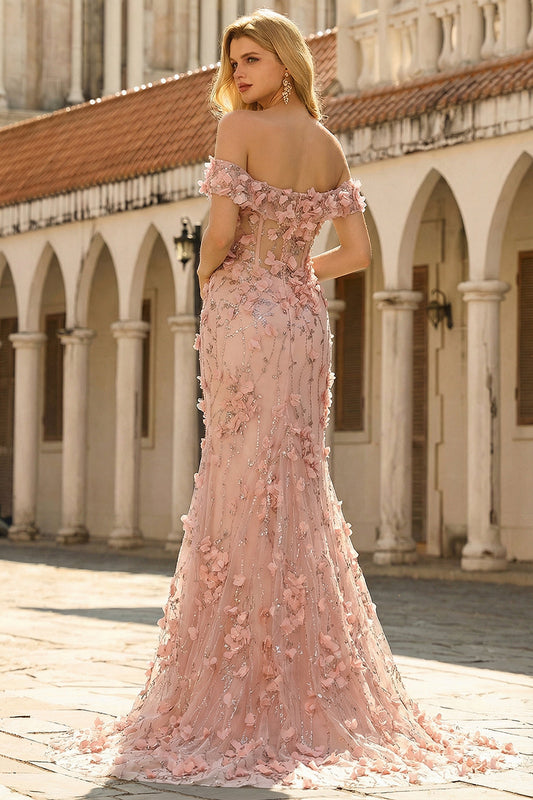 Off The Shoulder Mermaid Blush Side Slit Long Prom Dress with 3D Flowers