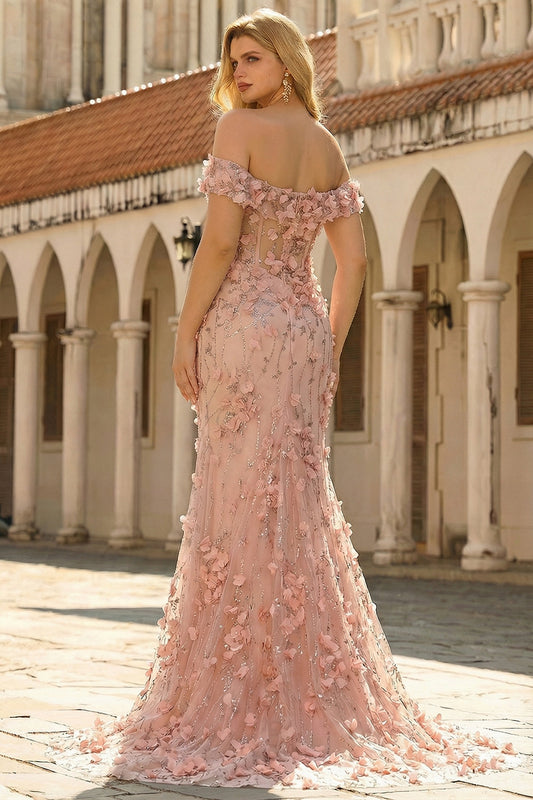 Blush 3D Flowers Mermaid Off the Shoulder Long Plus Size Prom Dress With Slit