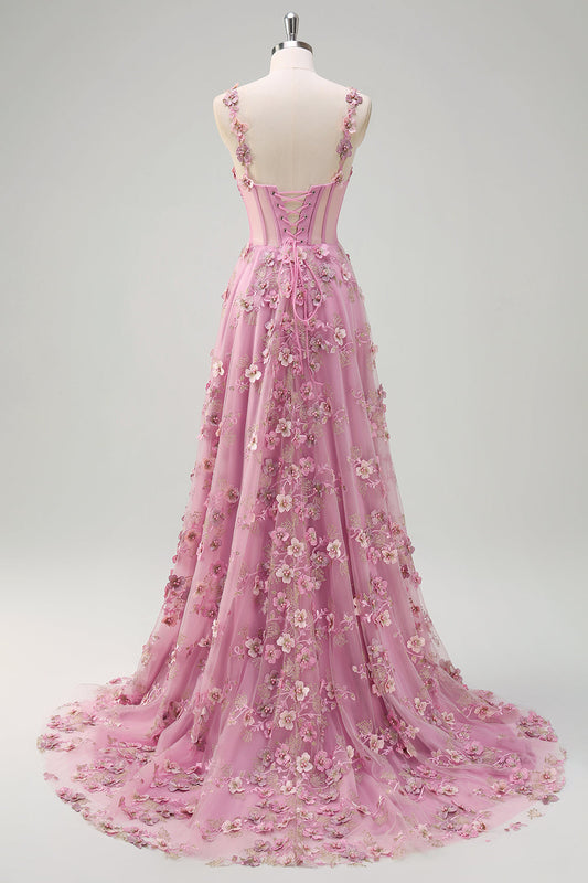Robe de bal longue fendue corset à épaules dénudées Taro A-Line avec fleurs 3D