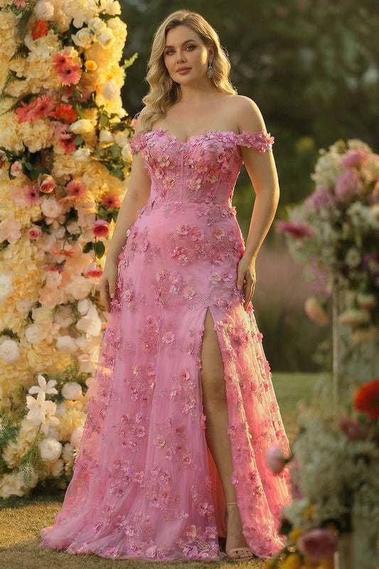 Robe de bal longue en tulle évasée grande taille à épaules dénudées avec corset et fente