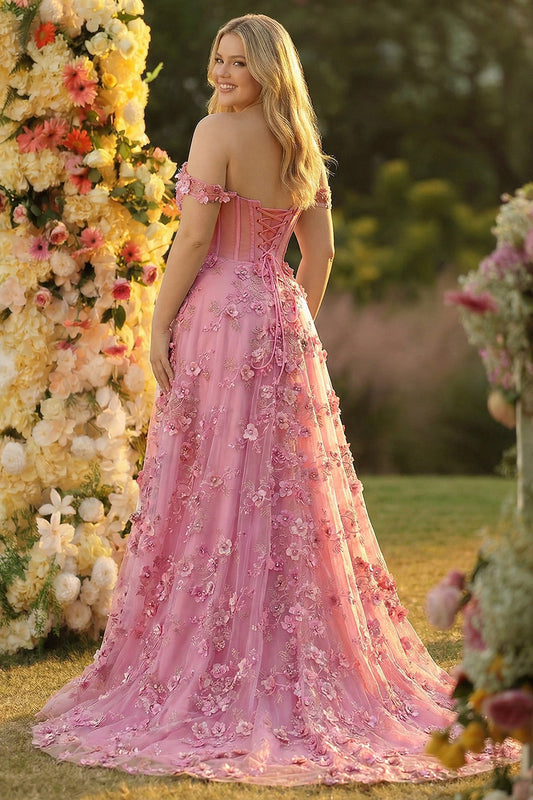 Robe de bal longue en tulle évasée grande taille à épaules dénudées avec corset et fente