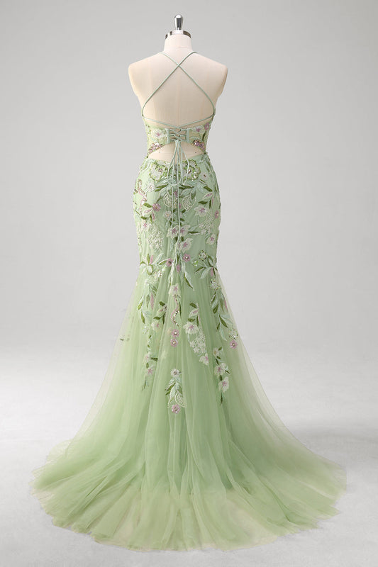 Robe de bal longue sirène verte à corset bustier brodé avec fente