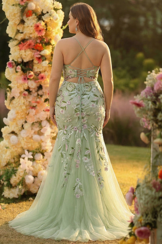 Robe de bal longue grande taille à corset sirène vert brodée avec fente