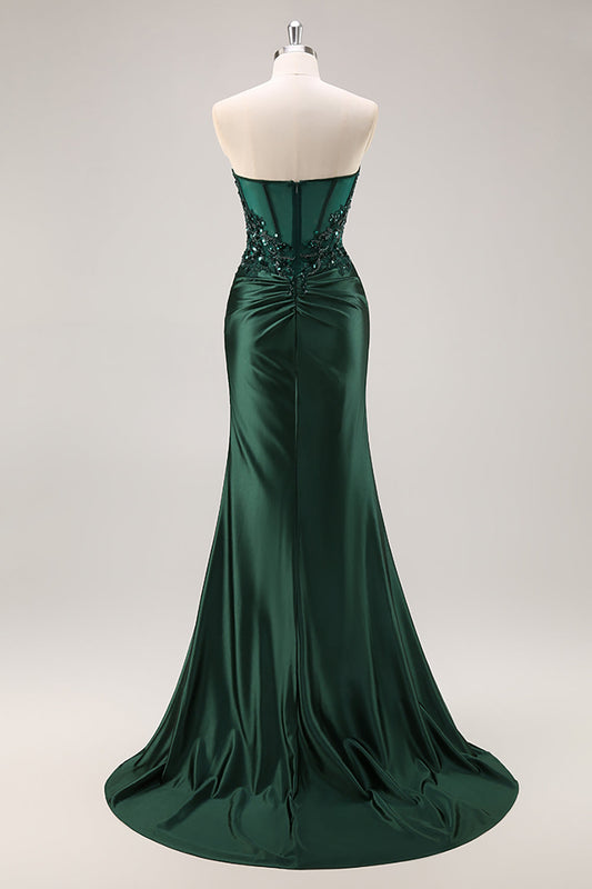 Dark Green Mermaid Strapless Sequin Long Prom Dress with Beading