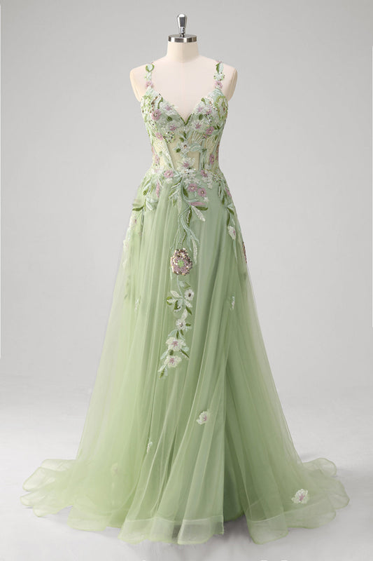 Robe de bal longue en tulle vert ligne A à bretelles spaghetti et corsage appliqué