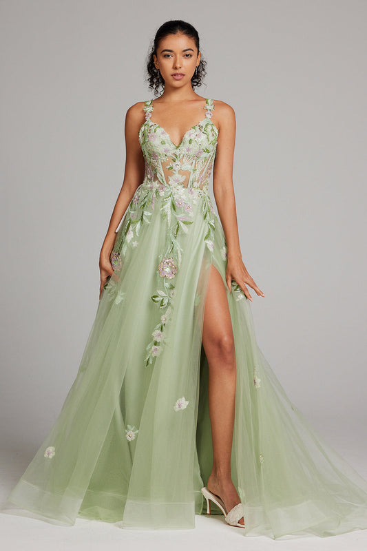Robe de bal longue en dentelle brodée, corset, ligne A, paillettes vertes scintillantes, avec fente