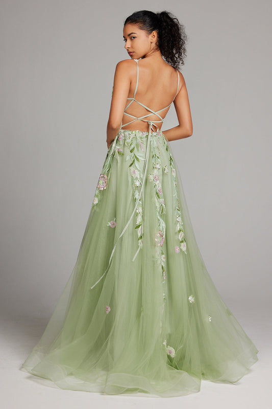 Robe de bal longue en dentelle brodée, corset, ligne A, paillettes vertes scintillantes, avec fente