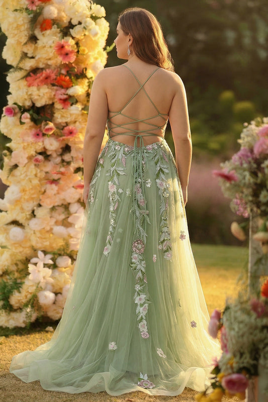 Robe de bal longue en tulle grande taille appliquée ligne A verte avec corset et fente