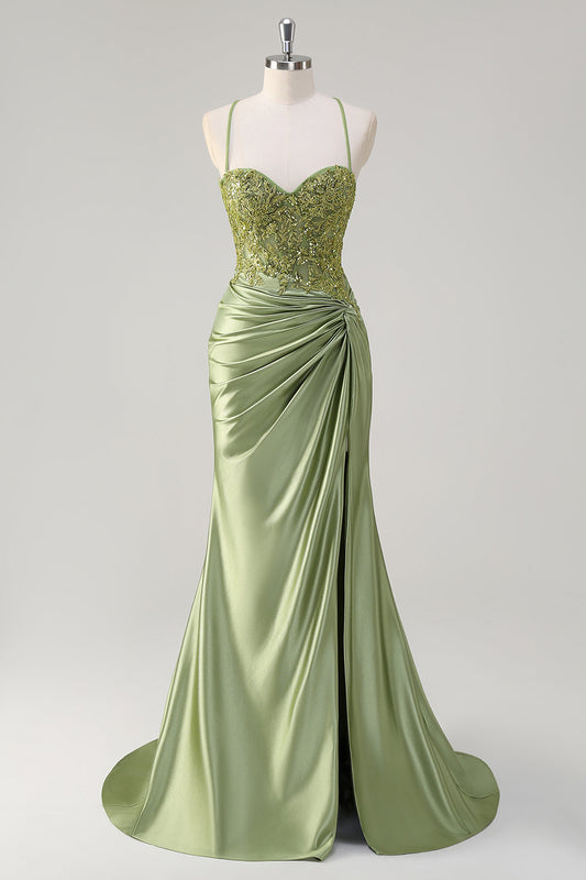 Robe de bal longue corset sirène vert armée pailletée avec fente
