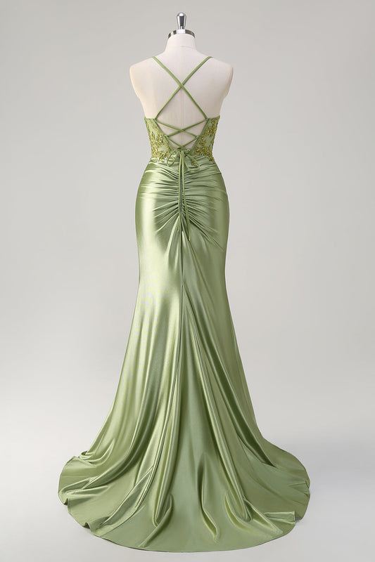 Robe de bal longue corset sirène vert armée pailletée avec fente