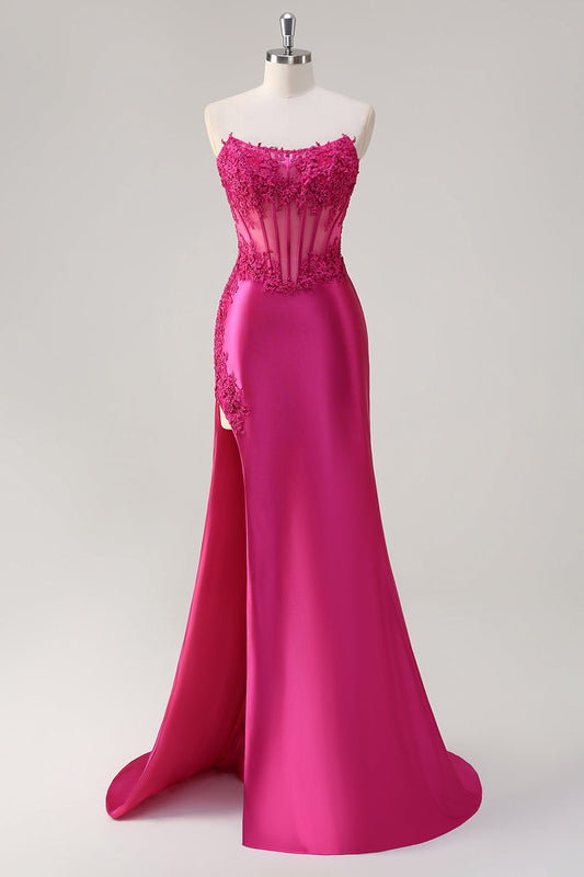 Robe de bal longue avec corset sans bretelles, sirène fuchsia étincelante, appliques et fente