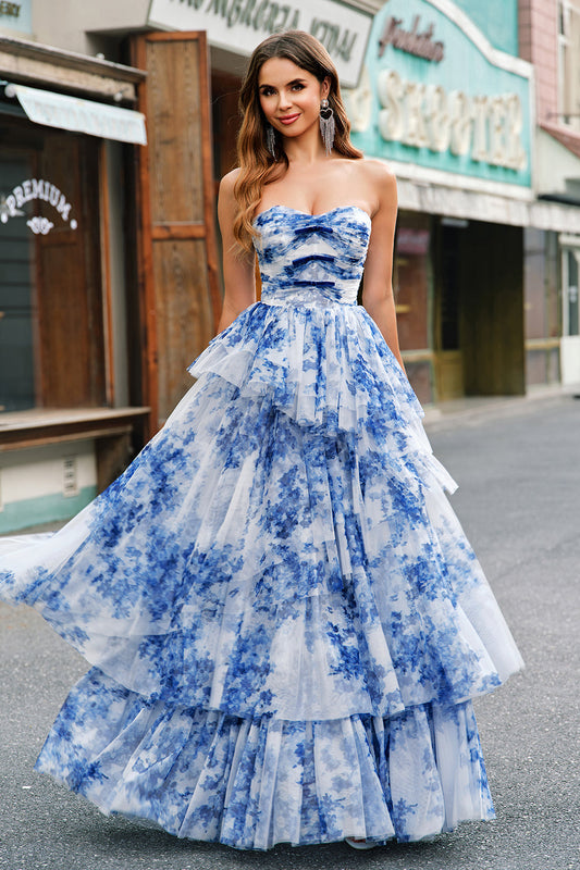 Robe longue de bal de promo évasée bustier étagée avec nœuds, bleu blanc fleuri