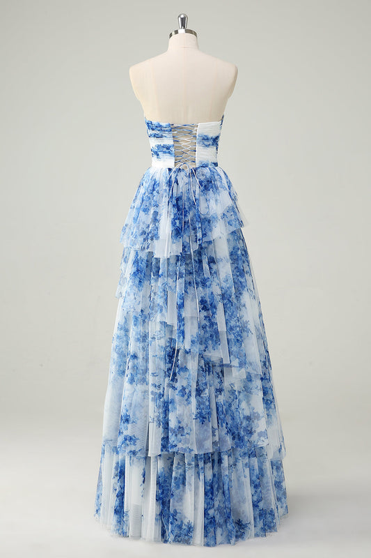 Robe de Bal Droite sans Bretelles à Volants Bleue et Blanche à Fleurs