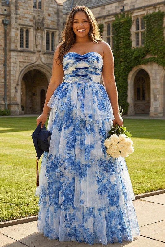 Robe de Bal Longue Grande Taille sans Bretelles Ligne A Superposée Fleur Bleue Blanche