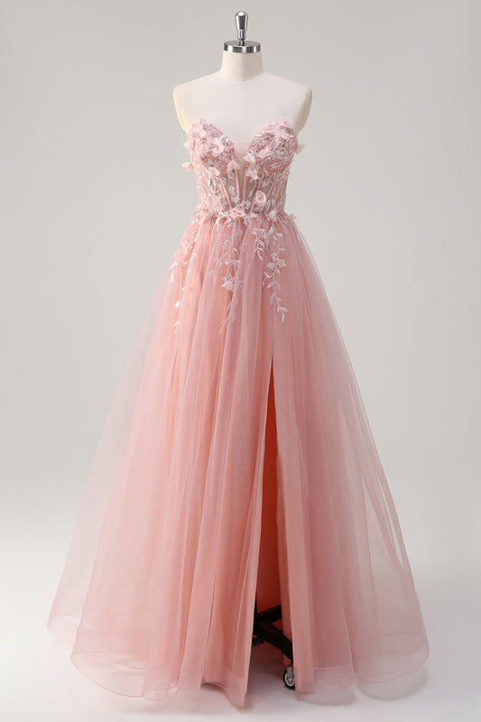 Robe de bal longue en tulle bustier coupe trapèze avec fleurs et fente rose étincelant