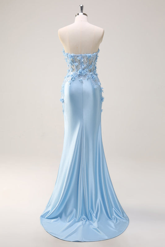 Robe de bal bustier sirène bleu ciel à paillettes avec appliqués