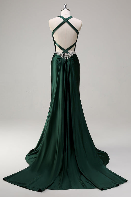 Robe de bal sirène à paillettes vert foncé scintillant avec corset licou