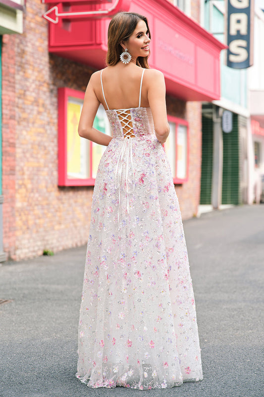 Robe de bal élégante rose à ligne A avec bretelles spaghetti et perles florales, dos lacé