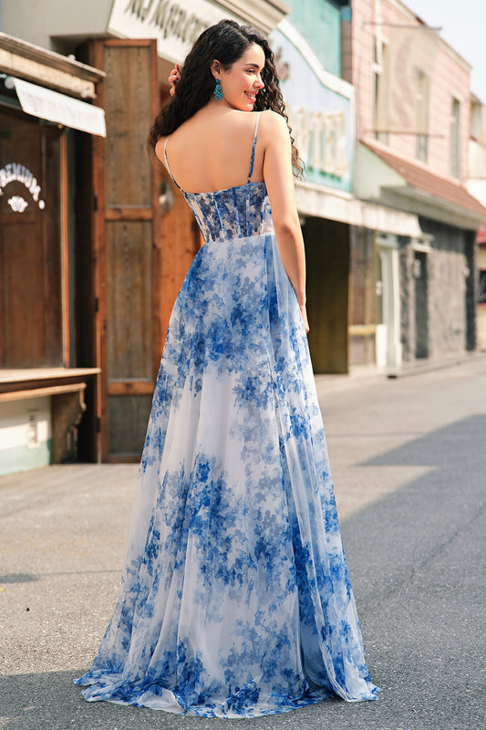 Robe longue de bal blanche et bleue à fleurs, coupe trapèze, à fines bretelles, avec corset froncé et fente