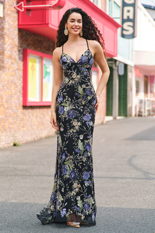 Robe de bal noire sirène à fines bretelles avec paillettes scintillantes et appliqués