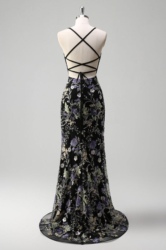 Robe de bal sirène noire à fines bretelles avec paillettes et appliqués