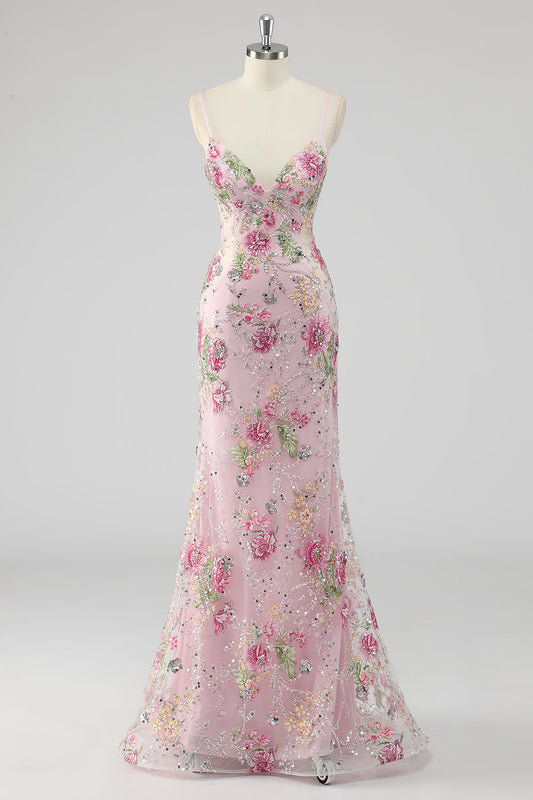 Robe de bal rose sirène à fines bretelles, ornée de sequins scintillants, de fleurs et d'appliqués