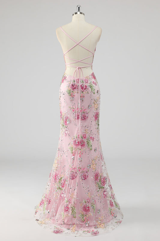 Robe de bal rose sirène à fines bretelles, ornée de sequins scintillants, de fleurs et d'appliqués