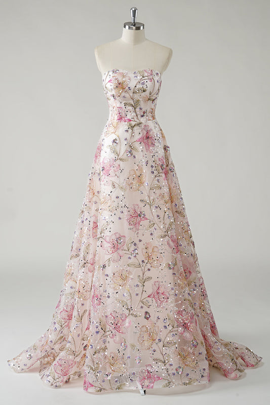 Robe de bal longue en tulle à paillettes florales bustier ligne A rose étincelant