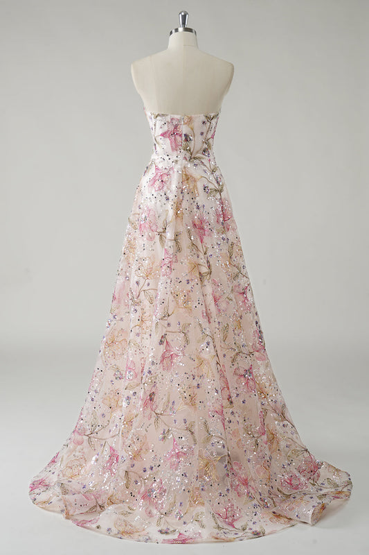 Robe de bal longue en tulle à paillettes florales bustier ligne A rose étincelant