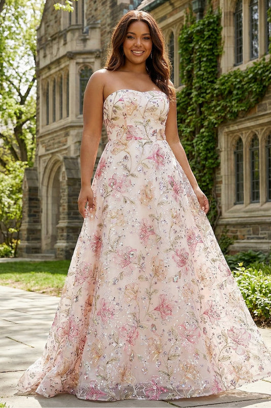 Robe de bal longue grande taille sans bretelles coupe A en tulle rose étincelant à sequins et motifs floraux
