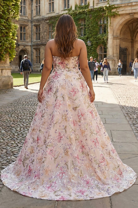 Robe de bal longue grande taille sans bretelles coupe A en tulle rose étincelant à sequins et motifs floraux