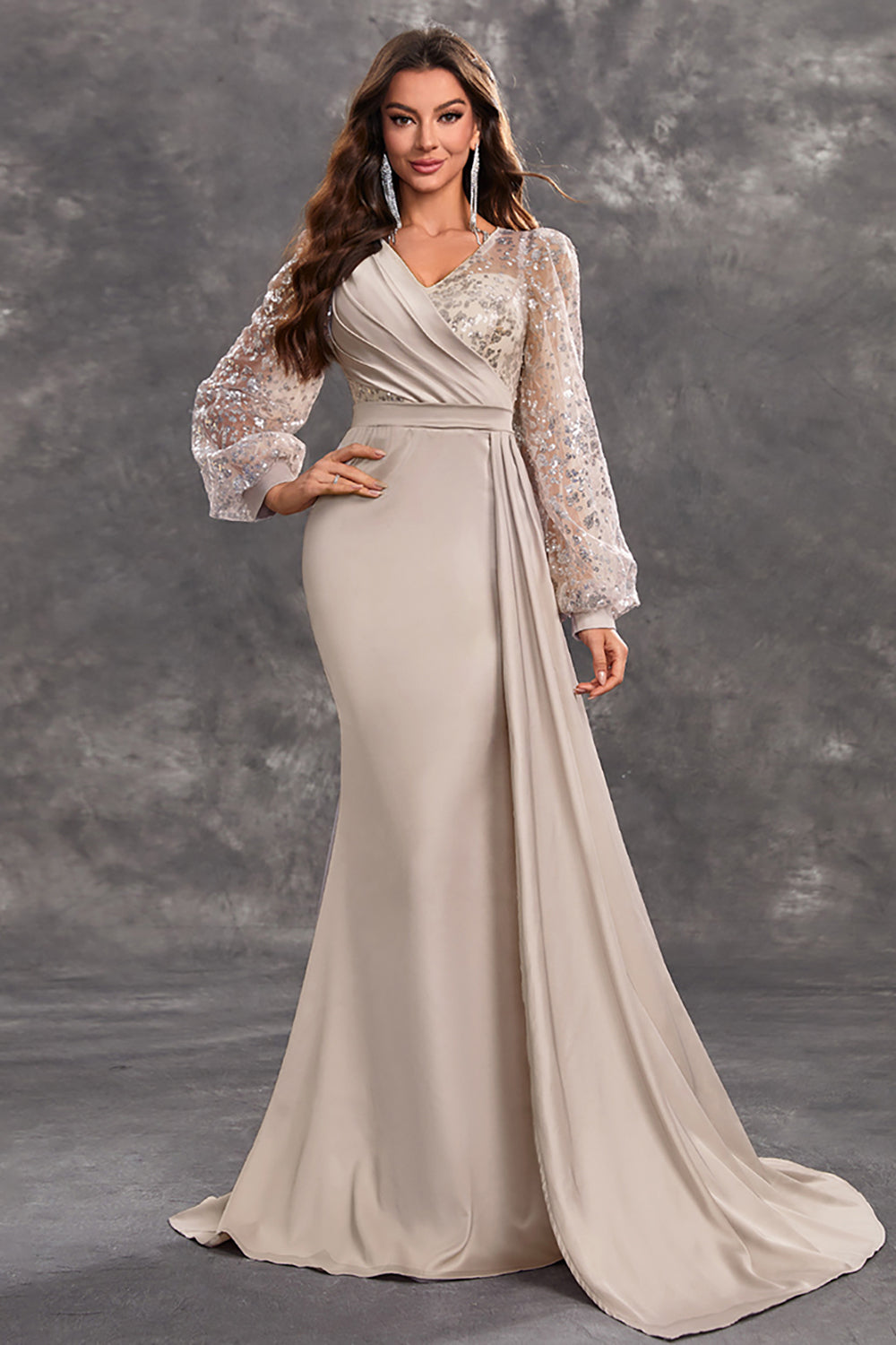 Navy Mermaid Sequined Long-Sleeve Choir Dress with Side Cape