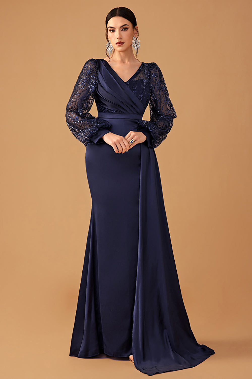 Navy Mermaid Sequined Long-Sleeve Choir Dress with Side Cape