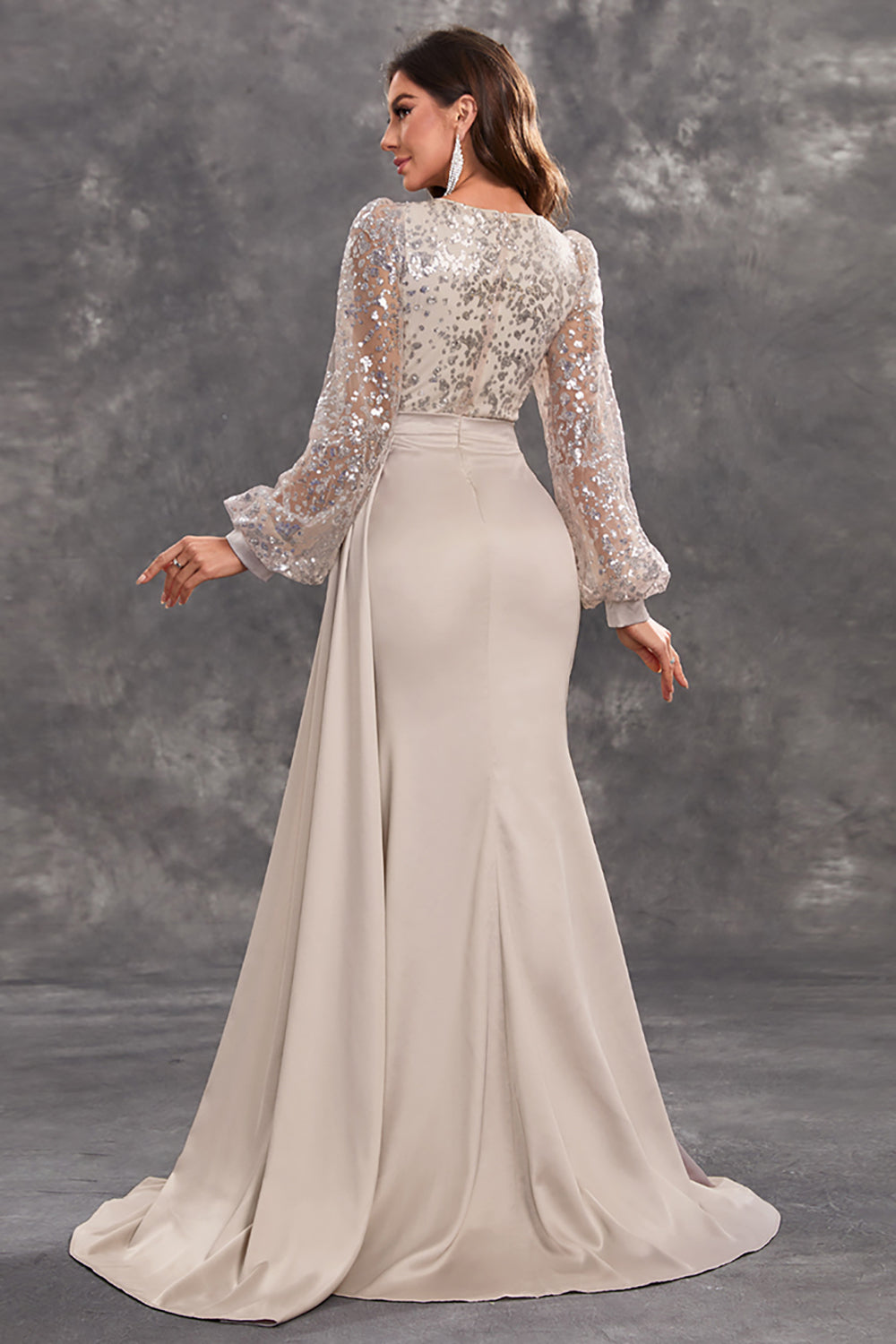 Navy Mermaid Sequined Long-Sleeve Choir Dress with Side Cape